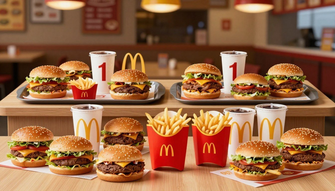A colorful tabletop display comparing McDonald's $1 Menu items with similar options from competitors. In the foreground, a vibrant assortment of McDonald's menu items, like burgers, fries, and drinks, arranged neatly on a wooden table. The middle ground features side-by-side comparisons with visually appealing platters from other fast-food chains, showcasing similar affordable offerings, highlighting the price tags. The background includes a blurred restaurant environment with warm lighting giving it a cozy ambiance. The image captures a sense of accessibility and value, with an inviting color palette of reds and yellows. Use a slightly elevated angle to create depth, emphasizing the appetizing details of the food and creating an inviting atmosphere without any text or markings in the image.