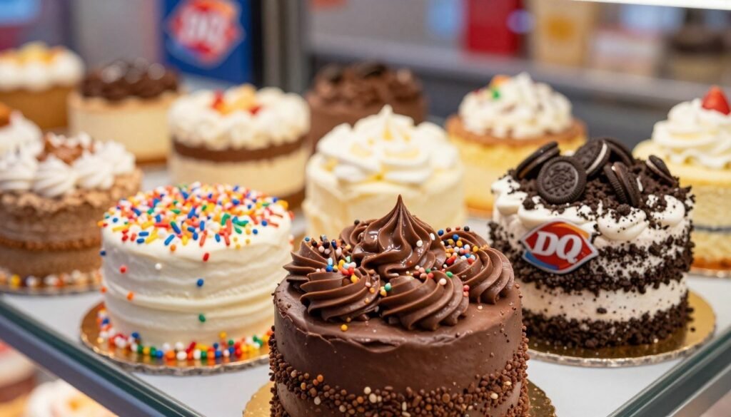 A display of beautifully decorated Dairy Queen Blizzard Cakes, showcasing a variety of enticing flavors and toppings. In the foreground, highlight a rich Chocolate Blizzard Cake, adorned with swirls of creamy fudge and crushed candy toppings, glistening under soft, warm lighting. In the middle, place an assortment of cakes, including a classic Vanilla Blizzard Cake with vibrant sprinkles and a rich Oreo Blizzard Cake with cookie crumbles on top. The background features a soft-focus Dairy Queen store ambiance, emphasizing the inviting and family-friendly atmosphere. Use a slightly angled perspective to create depth, capturing the cakes' textures and vibrant colors. The mood is cheerful and festive, perfect for celebrating special occasions.