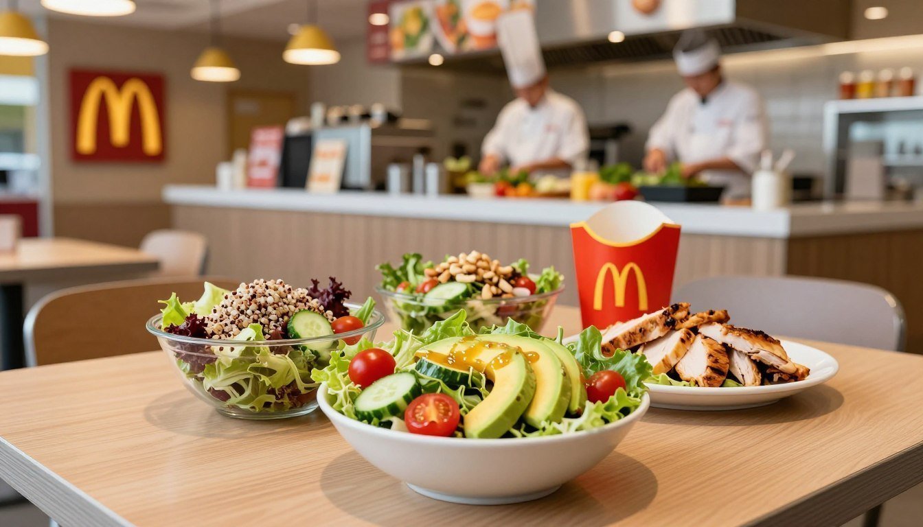 A vibrant McDonald's salad spread on a clean, wooden table. In the foreground, a colorful mix of fresh greens, cherry tomatoes, cucumbers, and sliced avocados in a large bowl, topped with a light vinaigrette. Next to the bowl, there are individual servings of salads, each showcasing different ingredients like quinoa, grilled chicken, and nuts. The middle ground features a bright, inviting McDonald's restaurant interior with soft lighting and modern decor. In the background, a well-lit kitchen area, with chefs preparing fresh ingredients. The mood is health-conscious and appetizing, highlighting the freshness of the salads in a family-friendly dining atmosphere. Shot with a shallow depth of field to focus on the salads, using a warm color palette.