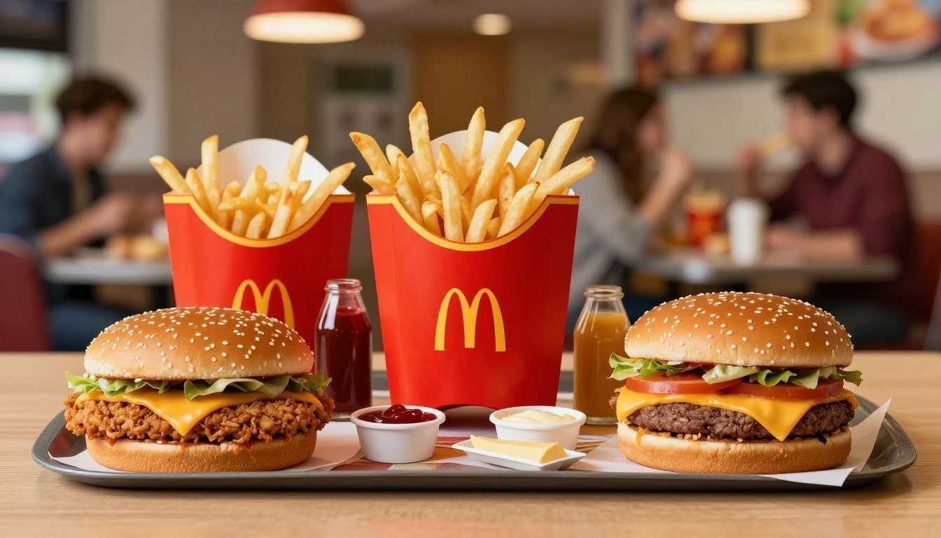 A vibrant display of McDonald's $2 menu items, arranged enticingly on a wooden table in the foreground. Include iconic items like the McChicken sandwich, small fries, and a classic cheeseburger, all freshly prepared and glistening under soft, warm lighting. In the middle, a red and yellow McDonald's tray holds these tasty options, with condiments neatly placed beside them. In the background, a softly blurred fast-food restaurant ambiance hints at cheerful dining, with patrons enjoying their meals. Capture the inviting atmosphere that embodies fast food comfort. Use a shallow depth of field to highlight the food, with a focus on vibrant colors and appealing textures. Create a scene that feels energetic yet cozy, inviting viewers to experience the joy of enjoying these affordable menu offerings.
