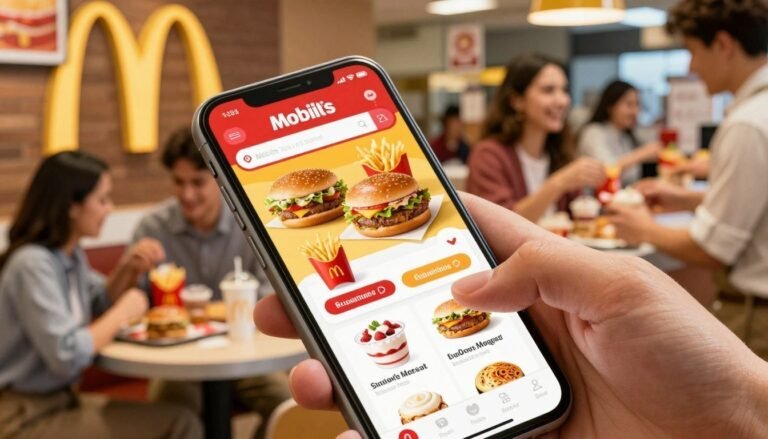 A vibrant scene depicting a smartphone displaying McDonald's Mobile App showcasing exclusive deals. The foreground features a close-up of the phone with a striking, colorful interface highlighting mouth-watering menu items such as burgers, fries, and desserts. In the middle, a cheerful customer, dressed in casual attire, is interacting with the app, smiling as they explore tempting offers. The background includes a bustling McDonald's restaurant, with customers enjoying their meals and employees assisting at the counter, all bathed in warm, inviting lighting. The atmosphere is lively and engaging, emphasizing the excitement of discovering special offers through the mobile app. The angle should be slightly tilted to create a dynamic perspective, enhancing the focus on the smartphone and the joyful interaction taking place.